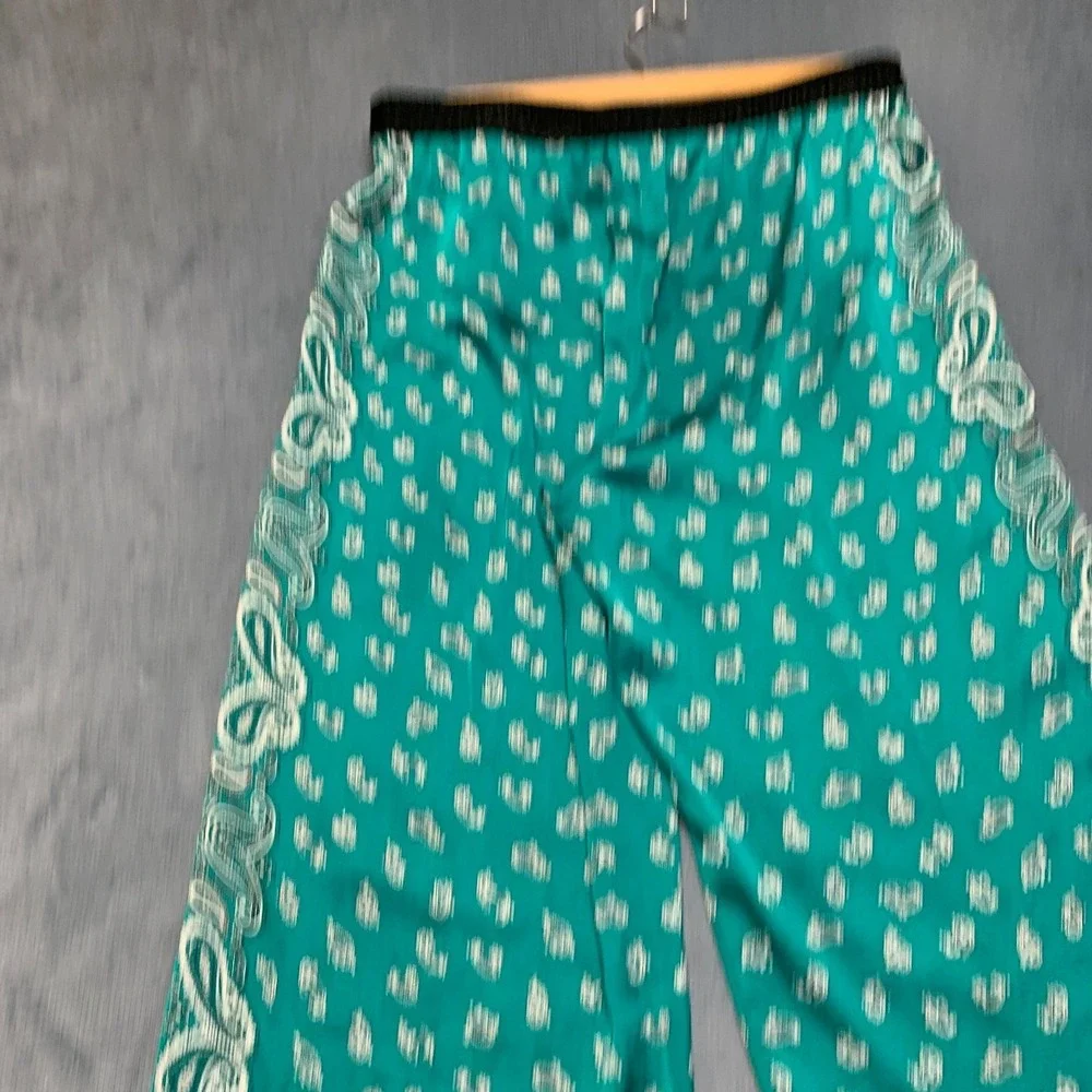 Michael Kors Wide Leg Pants Womens 14 Teal Paisley Drawstring Elastic Waist